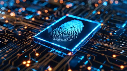 personal data. Security system with fingerprint on cyber technology  - obrazy, fototapety, plakaty