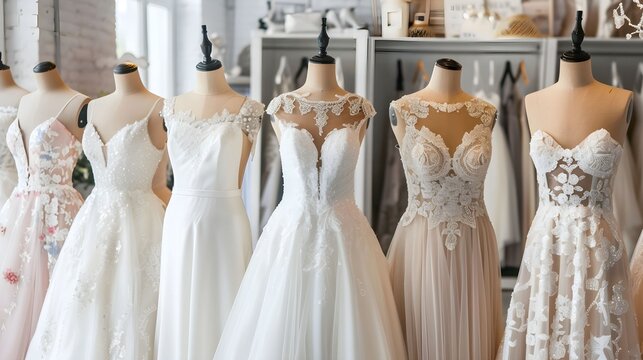 Photo of a variety of bridal gowns on mannequins in a wedding dress boutique 