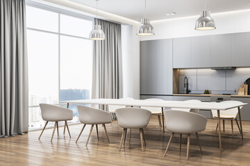 Contemporary bright wooden and concrete kitchen interior with dining area, curtain, window and city view. Luxury designs concept. 3D Rendering.