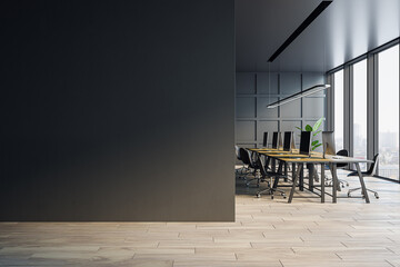 Modern dark concrete coworking office interior with blank mock up place on wall, panoramic city...