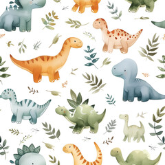 Seamless watercolor pattern with funny smiling dinosaurs and fern on white background. Design for wallpapers, wrapping paper, poster or cover. AI Generative