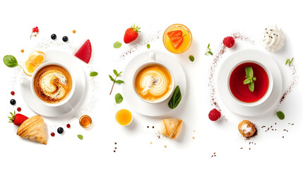 Collage set of different types of breakfasts: coffee cup, tea, honey, pastries. Cafe menu, good morning concept. Flavored coffee advertising. Generative AI