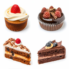 Set of different types of sweet dessert, cakes with berries on white background. Sweet treats, cream muffins, chocolate cakes. Generative AI