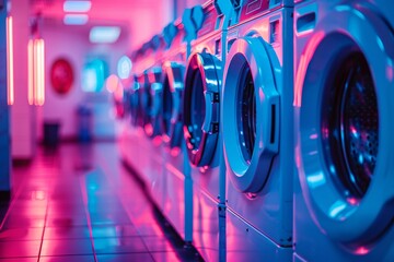 a row of washing machines in a room - obrazy, fototapety, plakaty