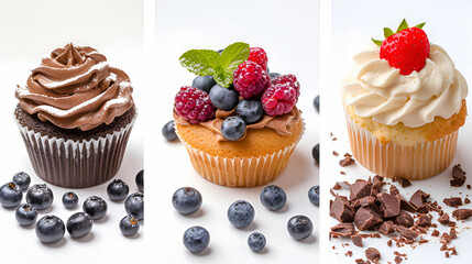 Collage Set of different types of sweet dessert, cakes with berries on white background. Sweet treats, cream muffins, chocolate cakes. Generative AI