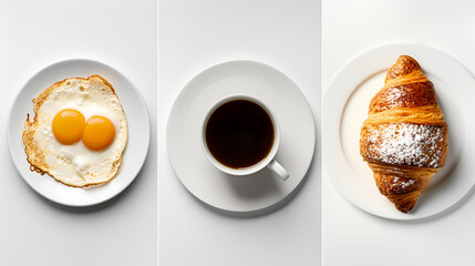 Collage set of different types of breakfasts: coffee cup, fried eggs, croissant. Cafe menu, good morning concept. Flavored coffee advertising, minimalism. Generative AI