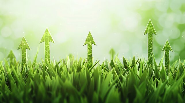 
Illustration of upward-pointing arrows made of lush green grass, symbolizing eco-friendly progress, sustainable development, and positive environmental trends.