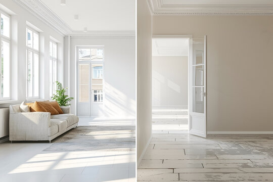 Collage of room before and after renovation, reconstruction. Bright room with high ceiling in old antique house. Generative AI