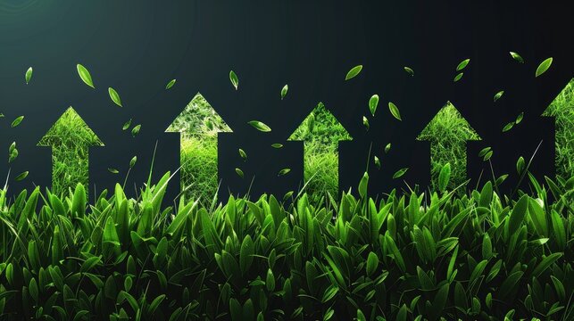 
Illustration of upward-pointing arrows made of lush green grass, symbolizing eco-friendly progress, sustainable development, and positive environmental trends.