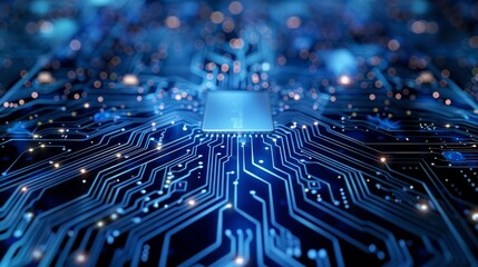 Vibrant abstract circuit board technology background: dynamic elements merge on server's printed circuit board