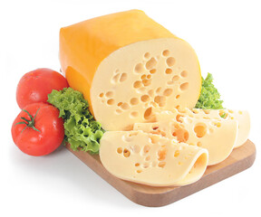 Yellow cheese with lettuce on a white background