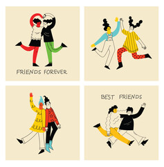 Groovy hippie love best friends characters. Comic happy girls, best friends in trendy retro 60s 70s cartoon style. Vintage isolated vector illustration.
