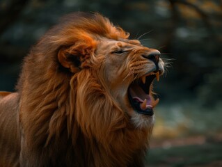 Obraz premium A lion is roaring at the camera with his mouth open. Generative AI.