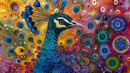 Fototapeta premium A colorful painting of a peacock with many colorful flowers. Generative AI.