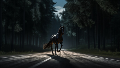 A black horse with a white spot on its forehead gallops along an asphalt road with forest on both sides on a sunny day