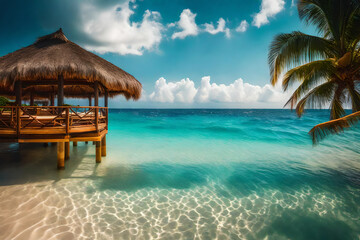 Paesaggio. In riva al mare spiaggia esotica, tropicale con palme. Viaggi e turismo al sole.