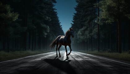 A black horse with a white spot on its forehead gallops along an asphalt road with forest on both sides on a sunny day - obrazy, fototapety, plakaty