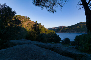 Mountains, landscape, view, sunrise, trees, plants, nature, rive