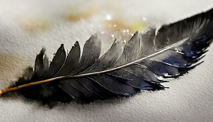Ethereal Elegance: Black Feather and Charcoal Watercolor on White Background