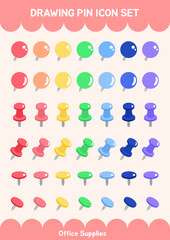 Rainbow Color Drawing Pins thumbtrack Post-it Note Memo Pin Set Pushpin Reminder Office Supplies Elements Stationery Vector Illustration - obrazy, fototapety, plakaty