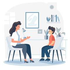 Woman mom sitting next to a child on a chair, woman psychologist working with a child, woman teacher working with a child, minimalist vector illustration