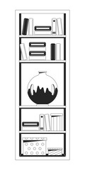 Shelving black and white 2D line cartoon object. Modern furniture for apartment decor. Shelves with books and vase isolated vector outline item. Home interior monochromatic flat spot illustration