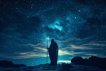 a person standing on a hill with a staff in front of stars - obrazy, fototapety, plakaty