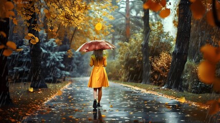woman walking in the rain with a yellow dress and umbrella in autumn