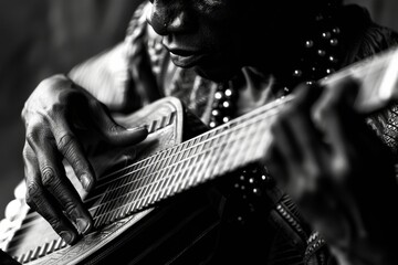 A talented musician, lost in the music, their fingers dancing on the instrument, portrait...