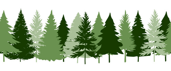 Evergreen pine and fir trees. Christmas and New Year horizontal vector seamless border