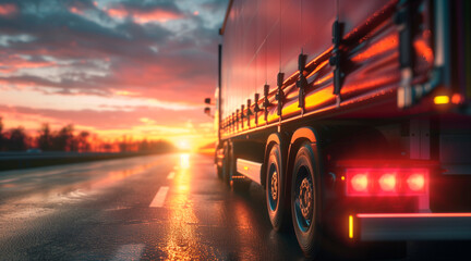 Close-up of a cargo truck on the road at sunset Por standret