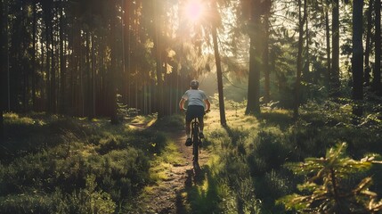 Young man biking through forest