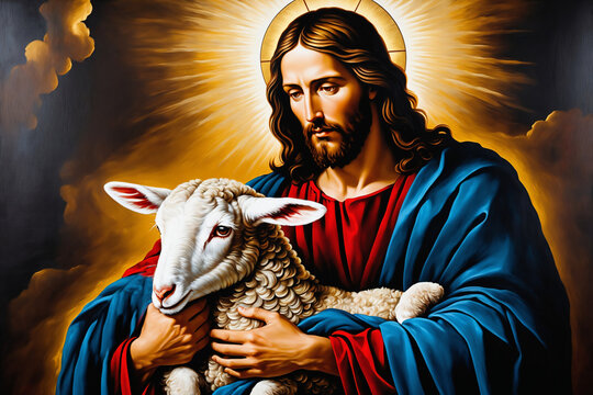 &Ouml;lgem&auml;lde von Jesus, dem guten Hirten, Gold, Schwarz, Blau, Rot und Grau Farben.