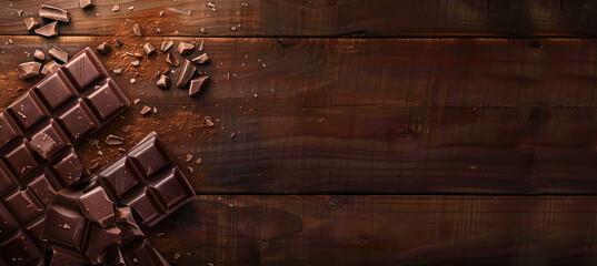 Broken dark chocolate pieces and cocoa powder on dark wooden background banner. Top view, copy...