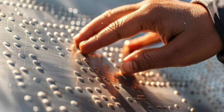 close up hand of person reading a steel braille