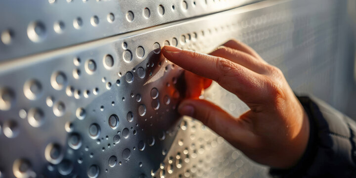 close up hand of person reading a steel braille