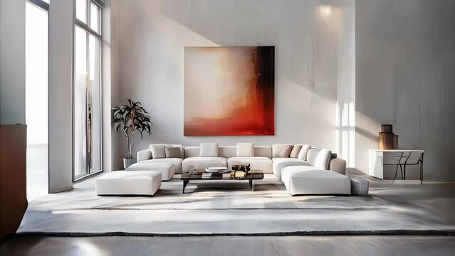 Modern living room interior with white sofa, coffee table and poster.
