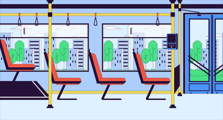 Bus indoors with payment terminal cartoon flat illustration. Commuter public transportation 2D line interior colorful background. POS tram transport inside no people scene vector storytelling image