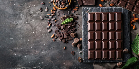 Dark chocolate bar with broken chocolate pieces, nuts and cocoa beans on dark stone background...