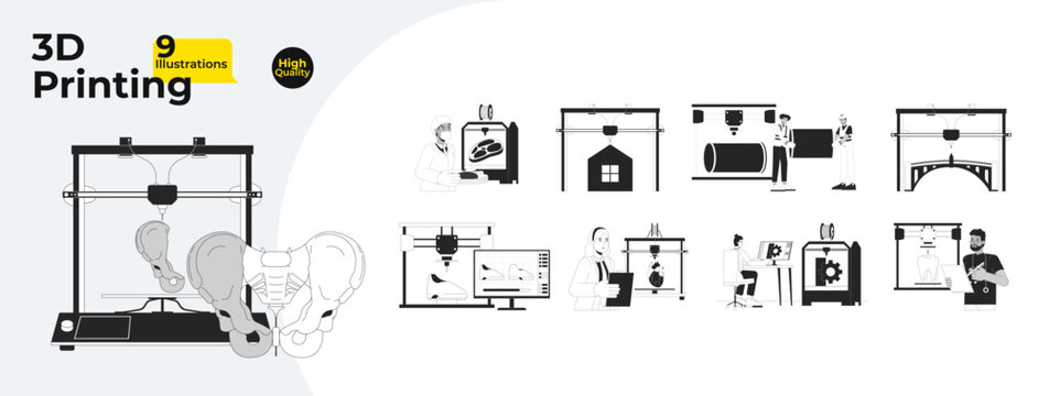 3d printing technology black and white cartoon flat illustration bundle. Diverse industry technicians 2D lineart characters isolated. Additive manufacturing monochrome vector outline image collection