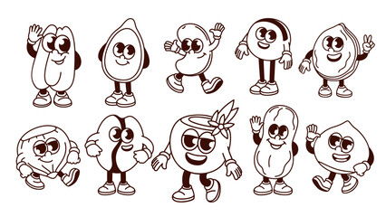 Groovy cartoon nut, bean and seed characters set. Funny retro dry grains with greeting gestures and happy faces, friendly nut mascots, cartoon stickers collection of 70s 80s style vector illustration