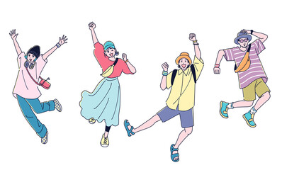 アウトドアファッションでジャンプする男女4人