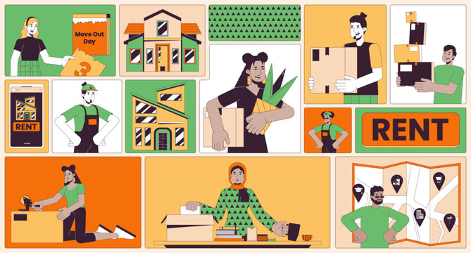 Packing moving house bento grid illustration set. Page tear-off, relocation map, rent home 2D vector image collage design graphics collection. People holding boxes flat characters moodboard layout