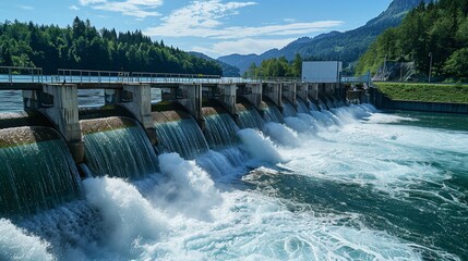 Sleek hydroelectric power plant with turbines, demonstrating the harmony of technology and nature in renewable energy