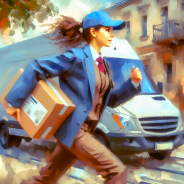 Delivery service woman running with a big package on a white van background, color illustration.