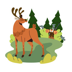 Hunting in forest. Deer stands on clearing. Hunter with dogs hide in bushes, watching beast, stalk to animal. Huntsman chases, tracks prey. Shooting season. Flat isolated vector illustration on white