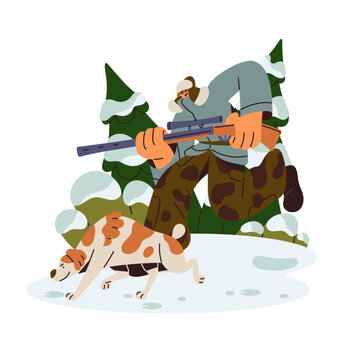 Scent hound hits the trail. Hunting dog follows track on snow. Hunter chases prey to shooting. Winter open season. Shooter with shotgun in forest. Flat isolated vector illustration on white background
