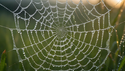 Close-up of a dew-covered spider web