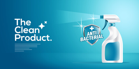 spray product vector. Spray sanitizer Anti-Virus and Anti-Bacterial Poster concept on health and disease prevention Antiseptic product, virus and germs The alcohol spray is packed in a white bottle. - obrazy, fototapety, plakaty