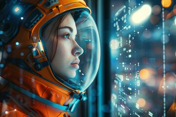 a woman in an orange space suit looking out a window - Powered by Adobe